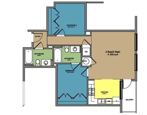Floor plan for 2 beds, 2 baths, 865 sqft